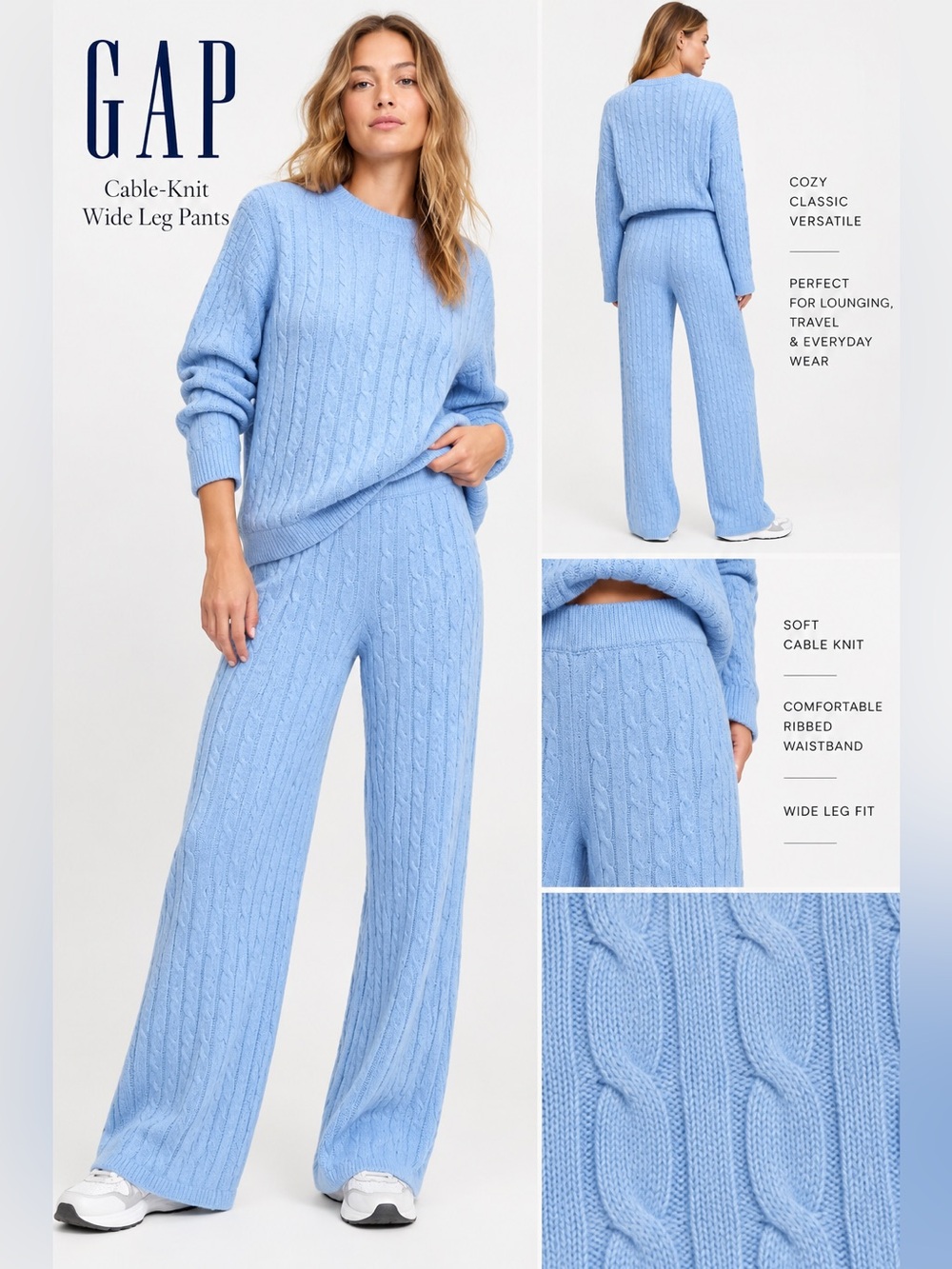 NWT GAP Cable Knit Wide Leg Sweater Pants Light Blue Size Medium $79.95